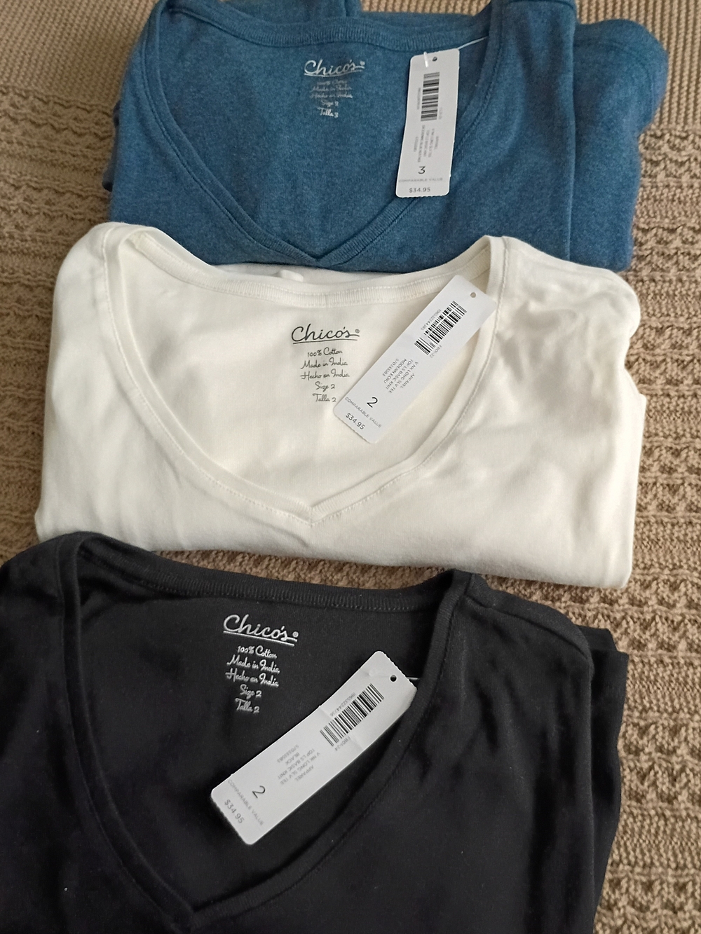 Chico's V-Neck Short Sleeve Tops 3-Pack in Blue & White NWT
